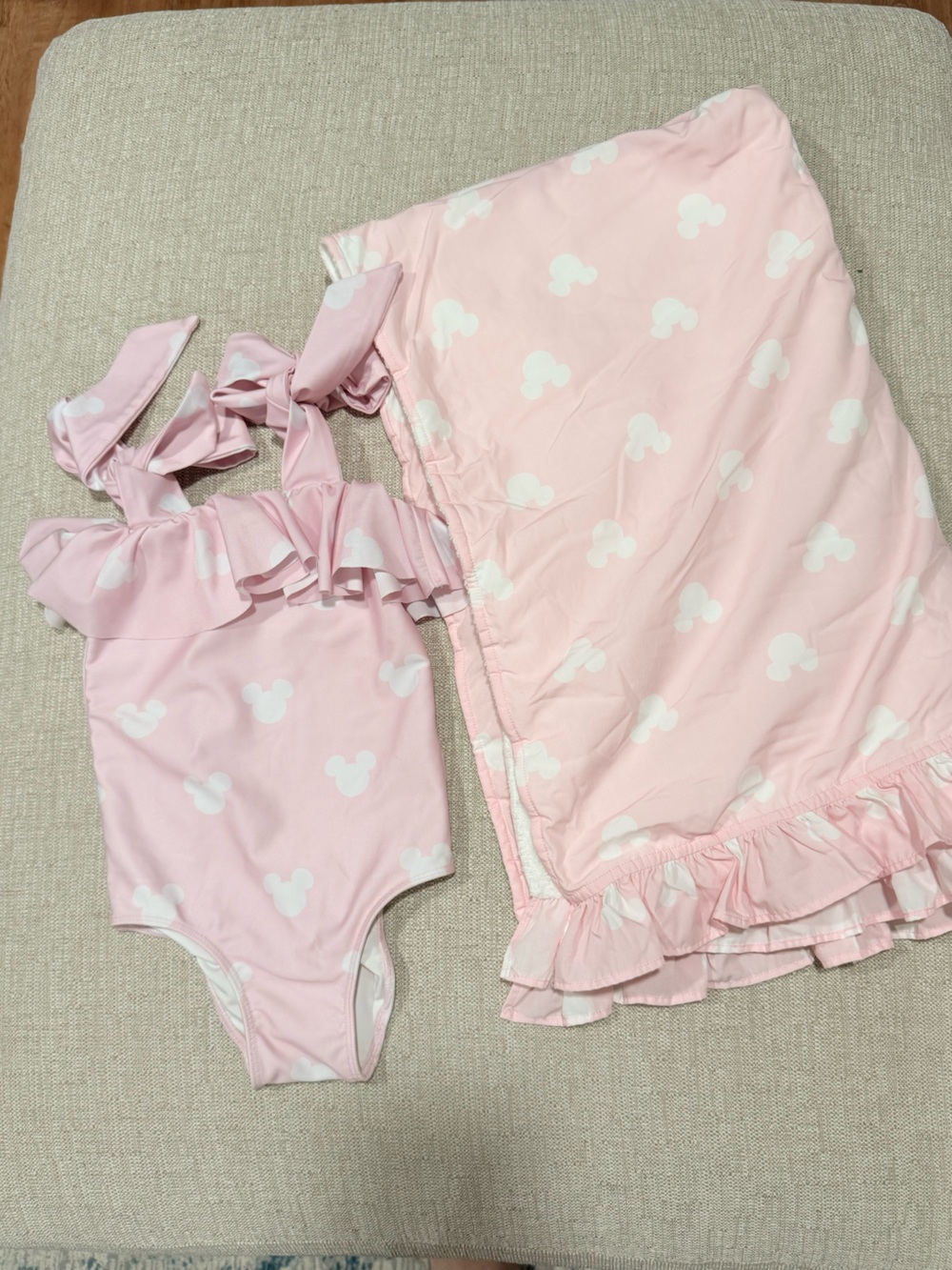 3T Cecil and Lou Mickey pink and white ruffle one piece swimsuit and towel set
